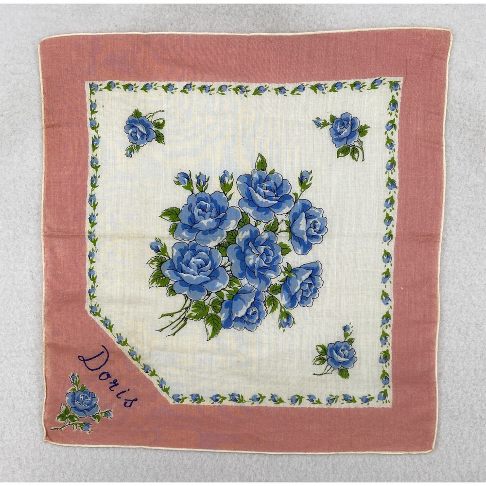 Vintage Handkerchief DORIS Embroidery Hand Rolled Floral Print Pink Blue VTG